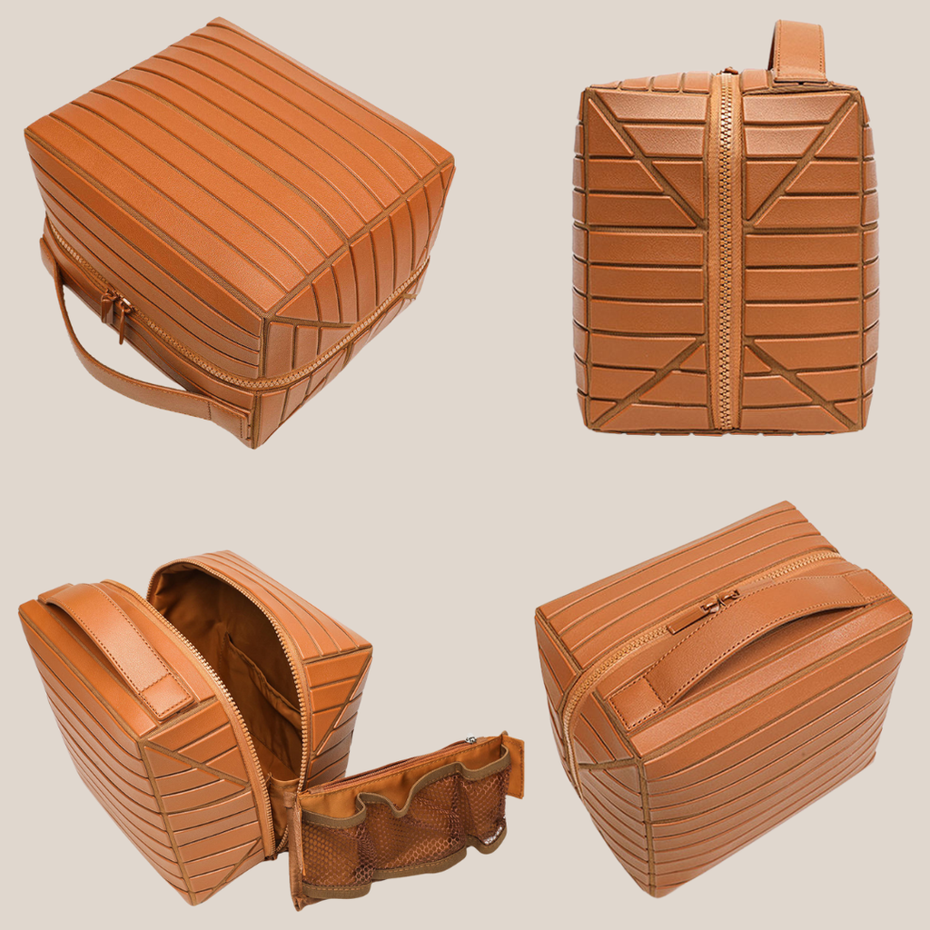 حقيبة تنظيم مكياج جلد طبيعي بتصميم خارجي عصري مع عرض زوايا متعددة وتفاصيل السحاب