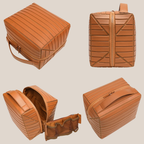 حقيبة تنظيم مكياج جلد طبيعي بتصميم خارجي عصري مع عرض زوايا متعددة وتفاصيل السحاب