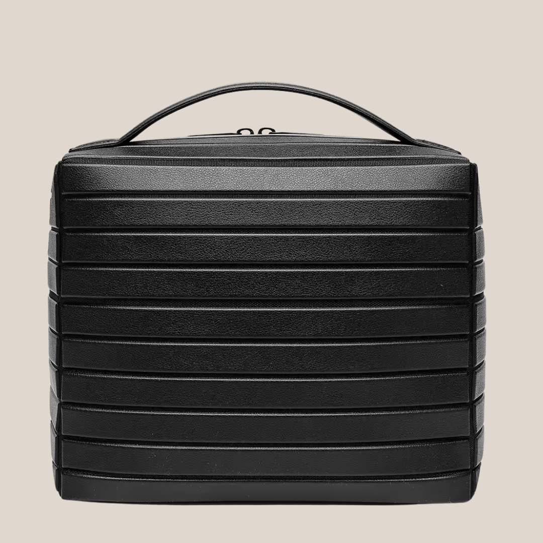 حقيبة تنظيم مكياج جلد طبيعي باللون الأسود مظهر فاخر