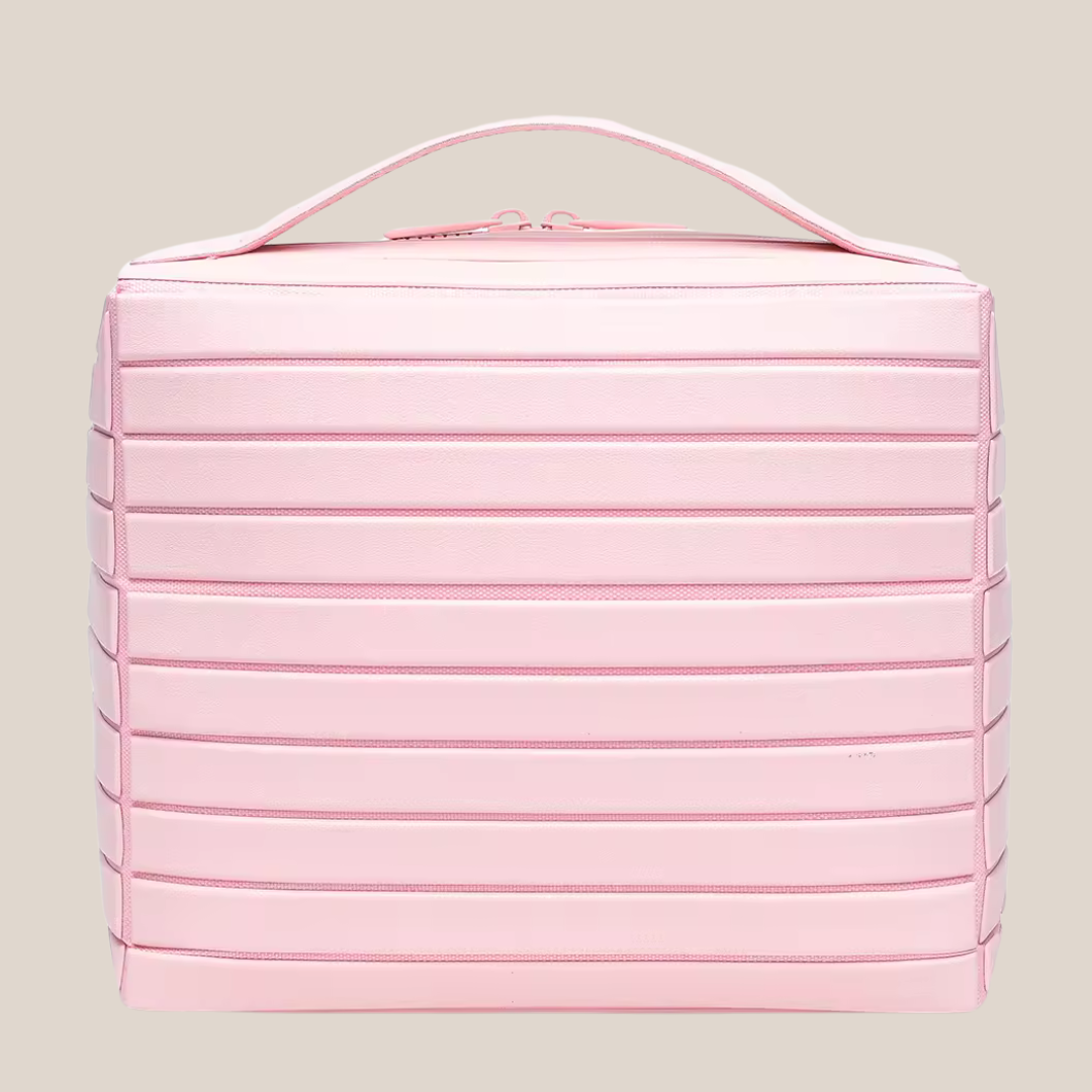 حقيبة تنظيم مكياج جلد طبيعي باللون الوردي الفاتح تصميم أنيق